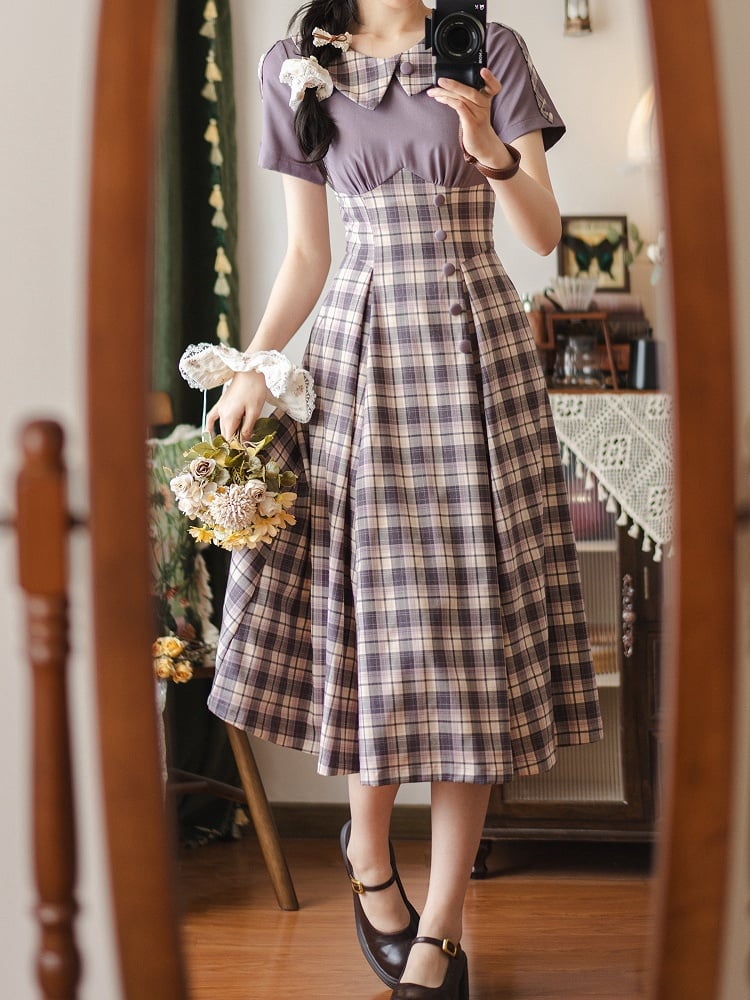 Light Purple Plaid Pattern Slim Fit Waist Retro Fashion Short Sleeves Dress
