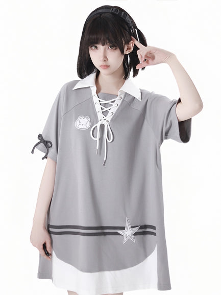 Gray Lace-up Neckline Bunny and Star Applique Loose Dress