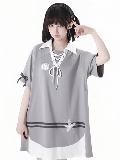 Gray Lace-up Neckline Bunny and Star Applique Loose Dress