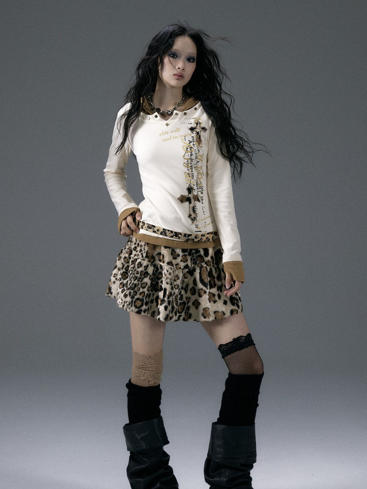 Beige Fake Two-Piece V-Neck Top with Cross Applique