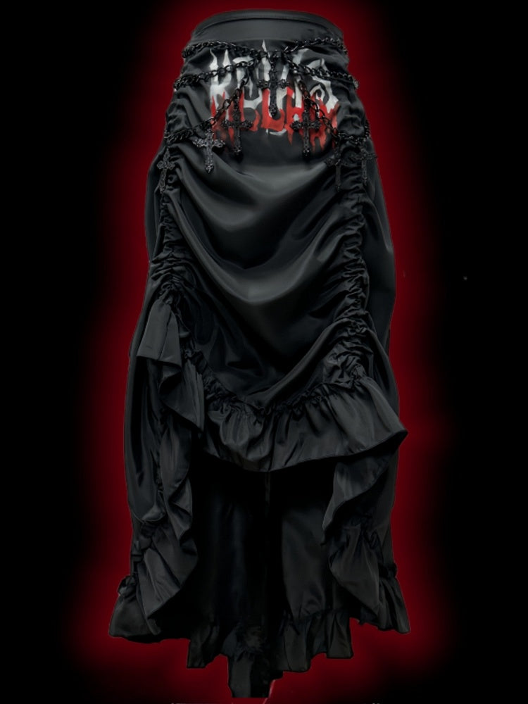 Gothic Black Letters Print Ruched Design High-low Punk Skirt with Free Cross Charms Waist Chain