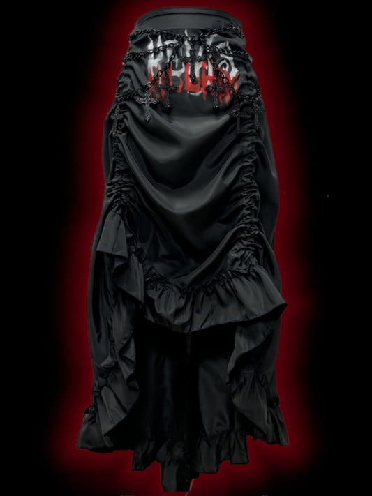 Gothic Black Letters Print Ruched Design High-low Punk Skirt with Free Cross Charms Waist Chain