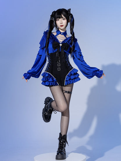 Deep Sea Blue Tiered Ruffle Cuffs Black Super High Waist Corset Shorts