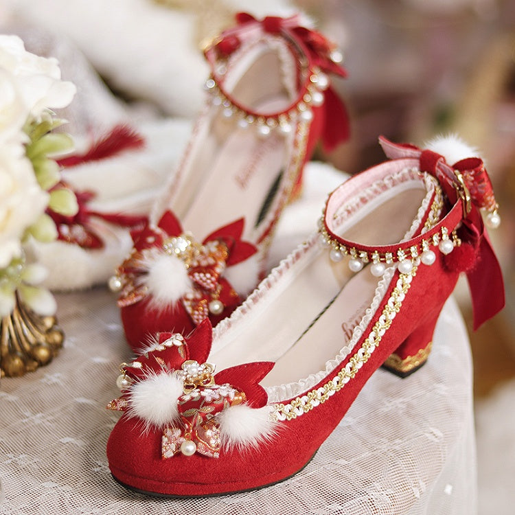 Red Bow Accents Cheongsam Style Lolita Block Heels