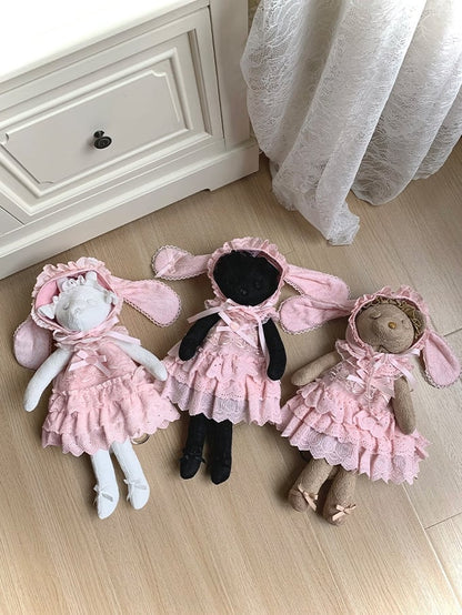 Pink Rosette and Bowknot Embroidery Dress + Bunny Ears Hat