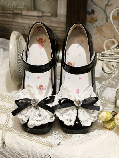 Heart-shaped Hollowed Heel Black Elegant Mary Janes with Lace Bowknot Clips