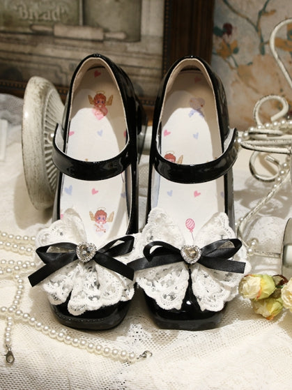 Heart-shaped Hollowed Heel Black Elegant Mary Janes with Lace Bowknot Clips