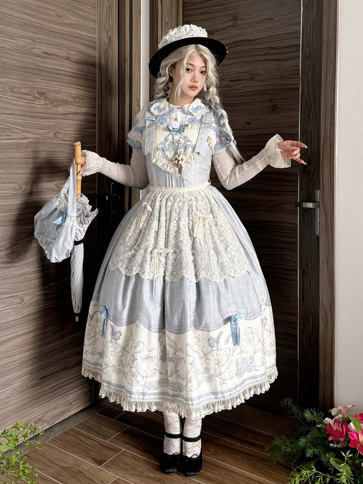 Blue Titmouse and Floral Print Lolita Jumper Skirt