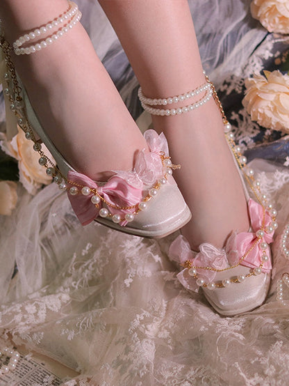 Beige & Pink Bowknot and Butterfly Applique Square Toe Hime Lolita Block Heels