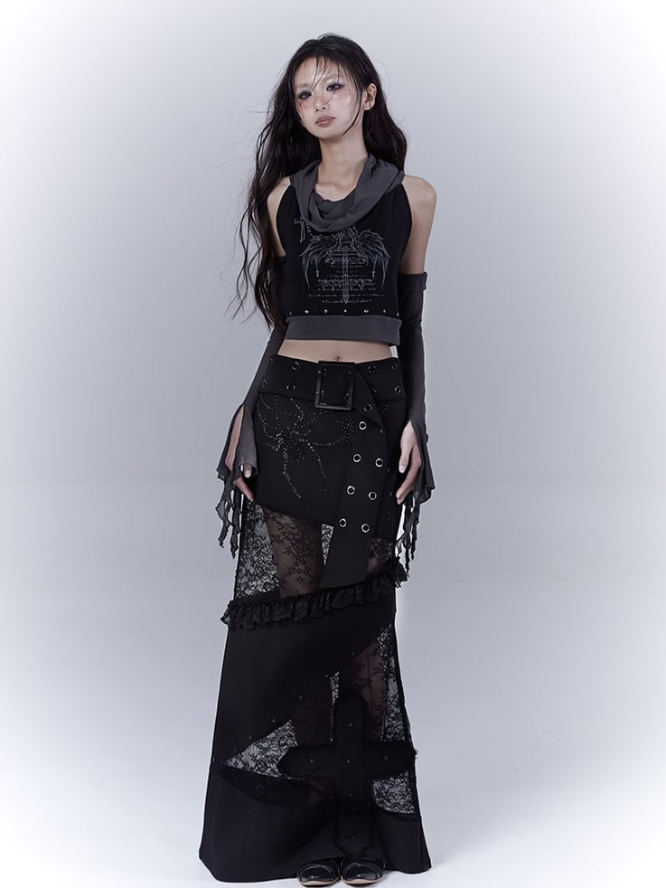 Black Low Waist Lace Patches Cross Applique Punk Skirt with Buckle Belt