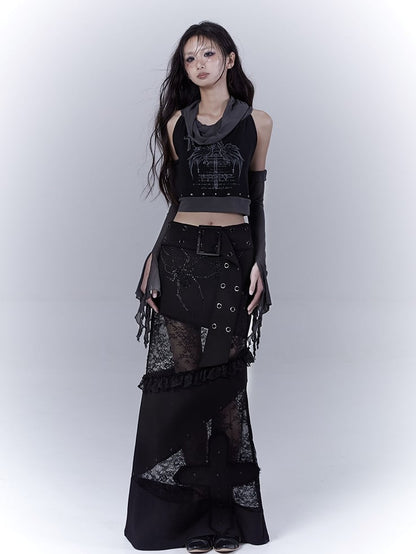 Black Low Waist Lace Patches Cross Applique Punk Skirt with Buckle Belt