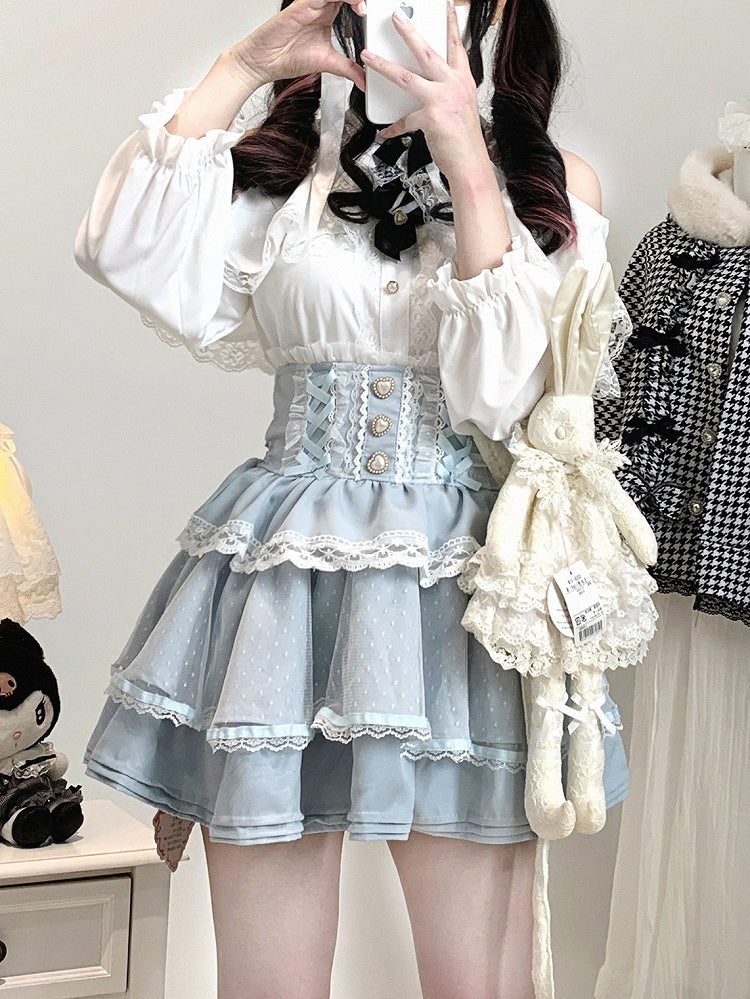 Black/White Jirai Kei Illusion Neckline Blouse with Cut-Out Shoulder with Bow Decor