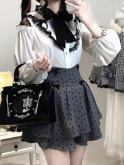 Dark Sweetness Tiered Skirt: Jirai Kei High Waist with Heart Polka Dot Pattern