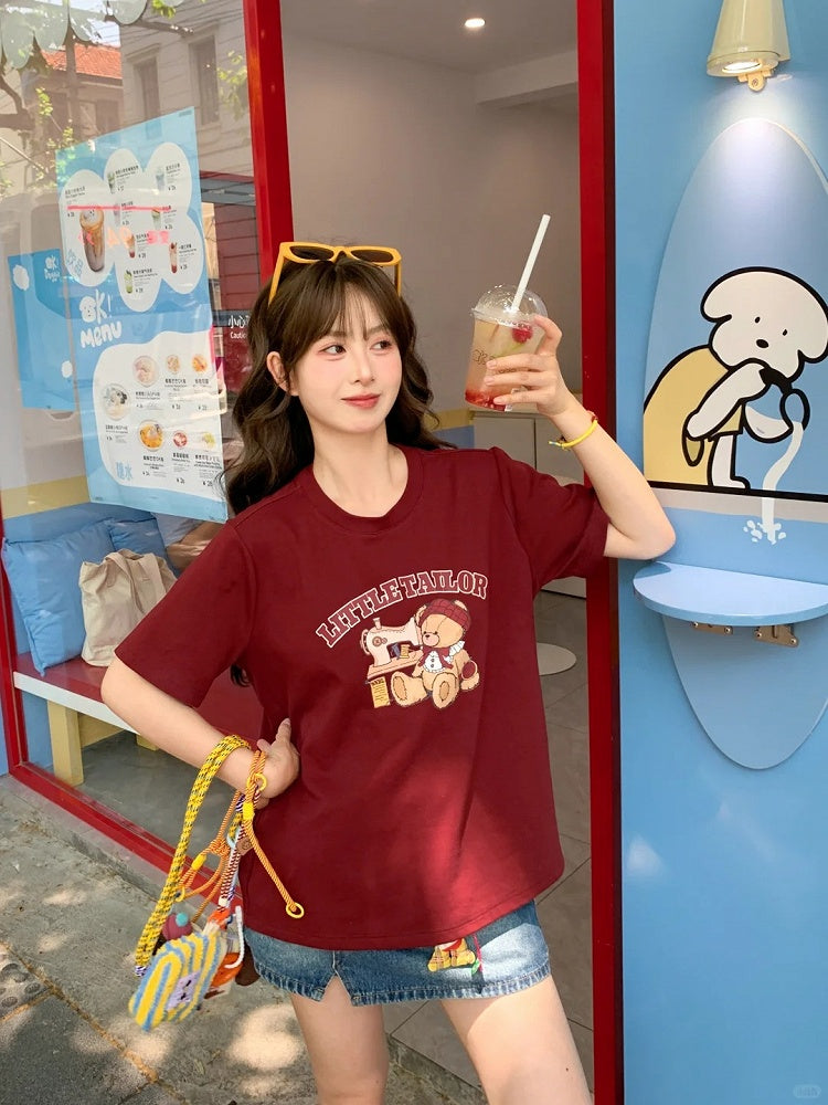 Cartoon Bear Print Wine Red Round Neck Loose T-shirt