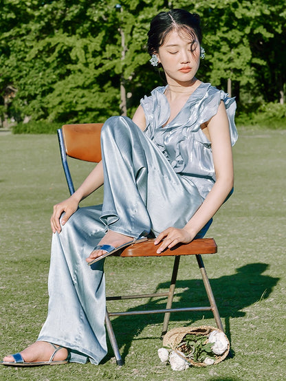 Vintage Blue Moon Light Cascading Ruffle Accents Top/Straight-leg Cut Pants