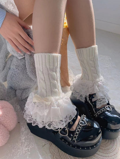 White Bow Three-Layered Lace Trim Lolita Leg Warmers