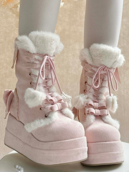 Pink Sweet Lolita Platform Boots - Plush Star & Heart Charm Laces with Bow Accents