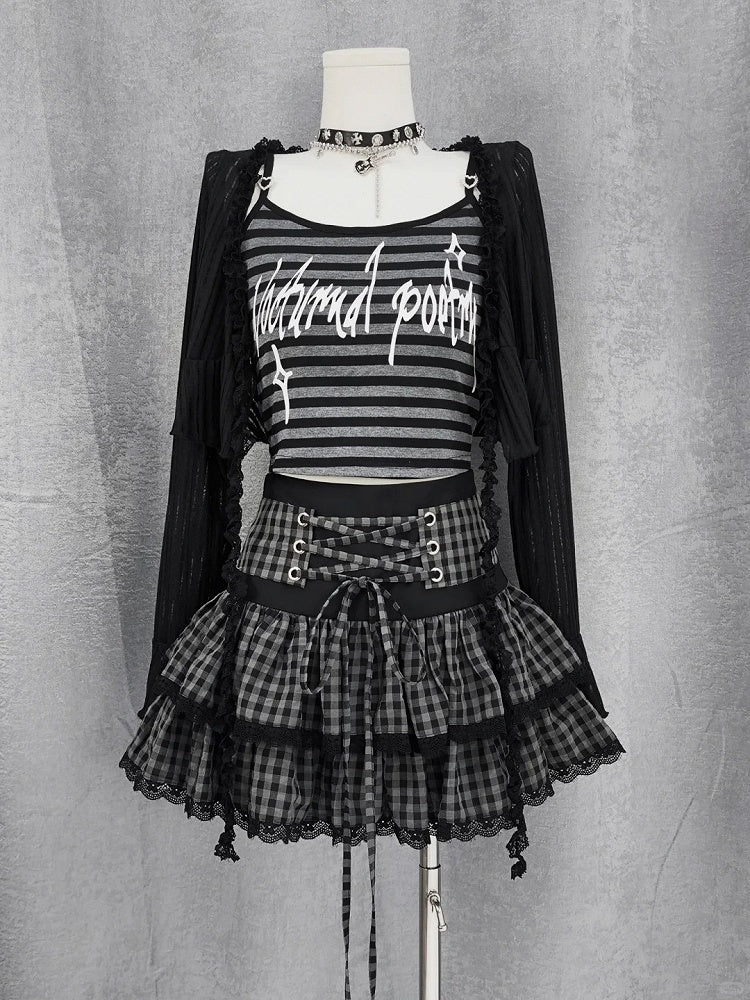 Black and Gray Plaid Lace-up Waist Tiered Skirt