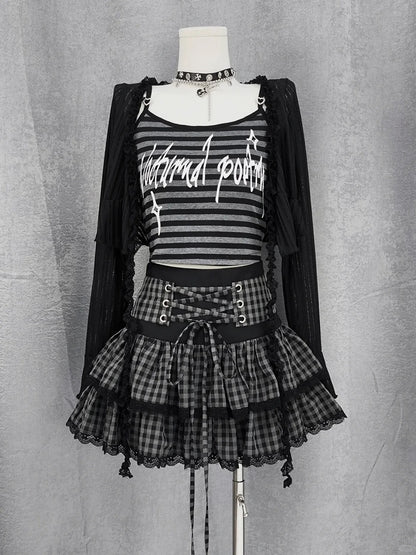 Black and Gray Plaid Lace-up Waist Tiered Skirt