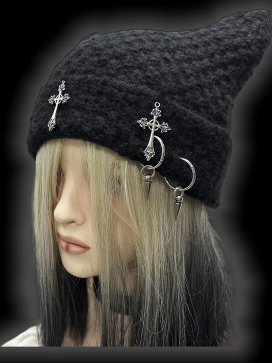 Y2K Black Cross Charms Studs Design Punk Cat Ears Beanie
