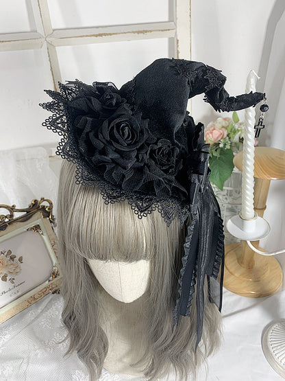 Cross Charm Gothic Black Floral Design Halloween Rhinestoned Bowknot Witch Hat