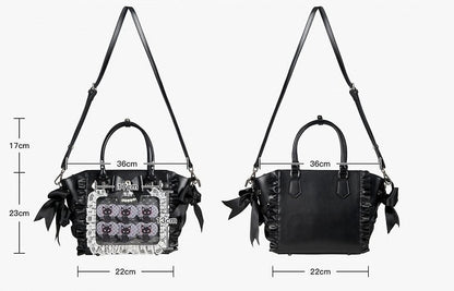 Jirai Kei Black Lace Trim Ita Tote – Large Capacity, Top Handle