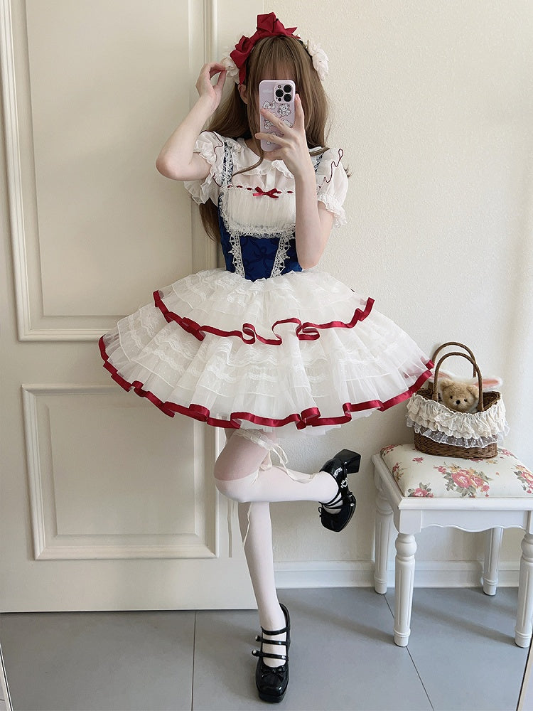 Dark Blue Bows Print Basque Waist Snow White Balletcore Lolita Jumper Skirt