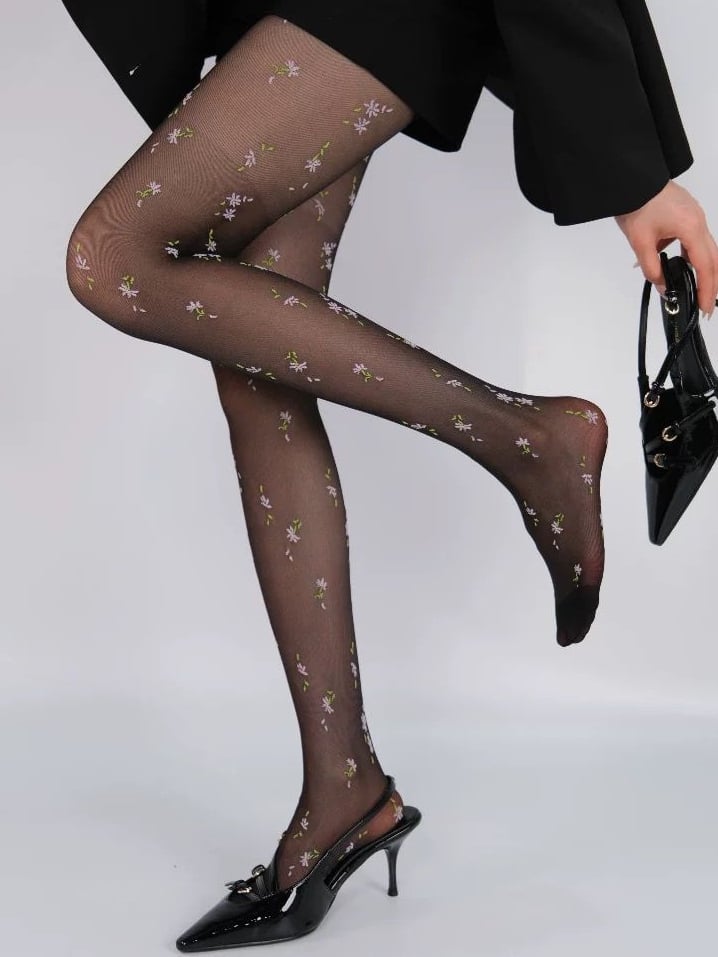 Black Y2K Floral Pattern Tights