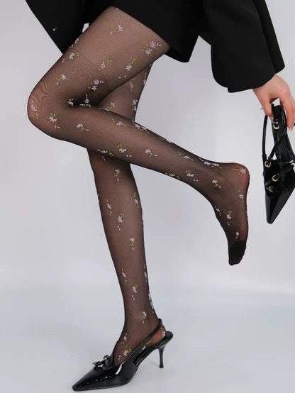 Black Y2K Floral Pattern Tights
