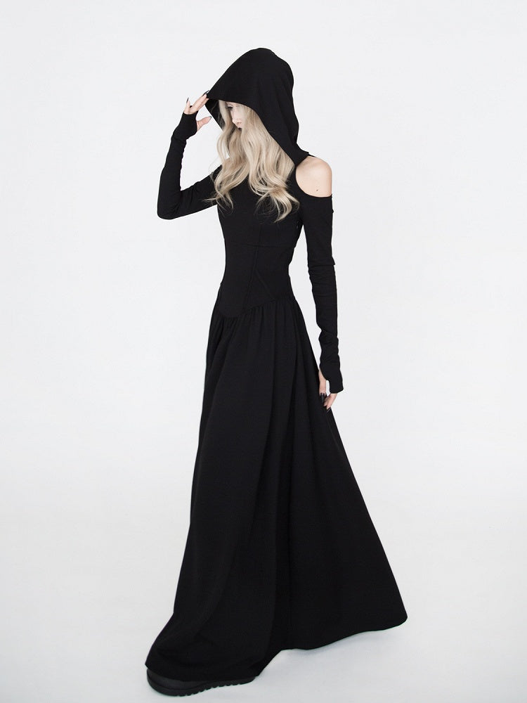 Gothic Black Cutout Shoulder Wasteland Punk Hooded Dress