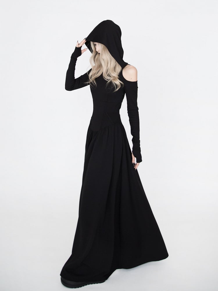 Gothic Black Cutout Shoulder Wasteland Punk Hooded Dress