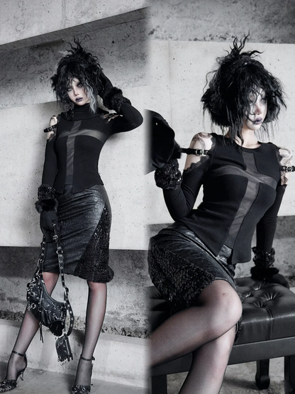 Black Open Shoulders Semi-sheer Cross Shaped Mesh Panels Goth Long Sleeve Top