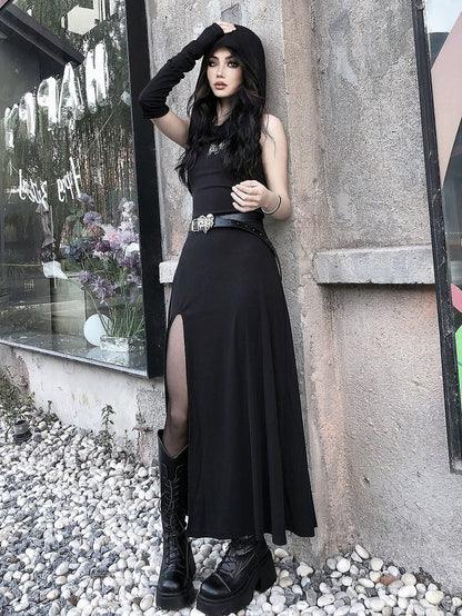 Thigh-high Slit Black Gothic Hooded Dress