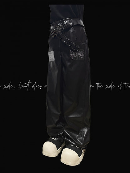 Black Punk Letter Applique Straight-leg Cut Pants