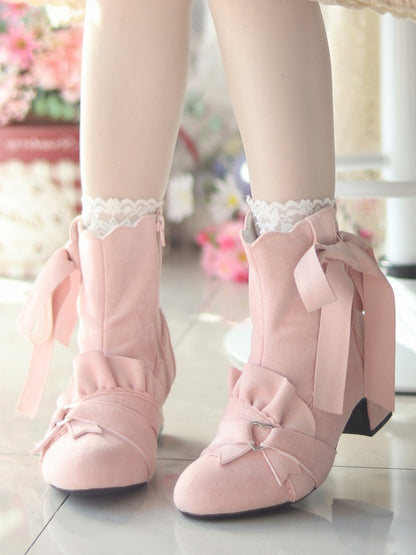Pink Knotted Bow Accent Zip Closure at Sides Ankle Boots
