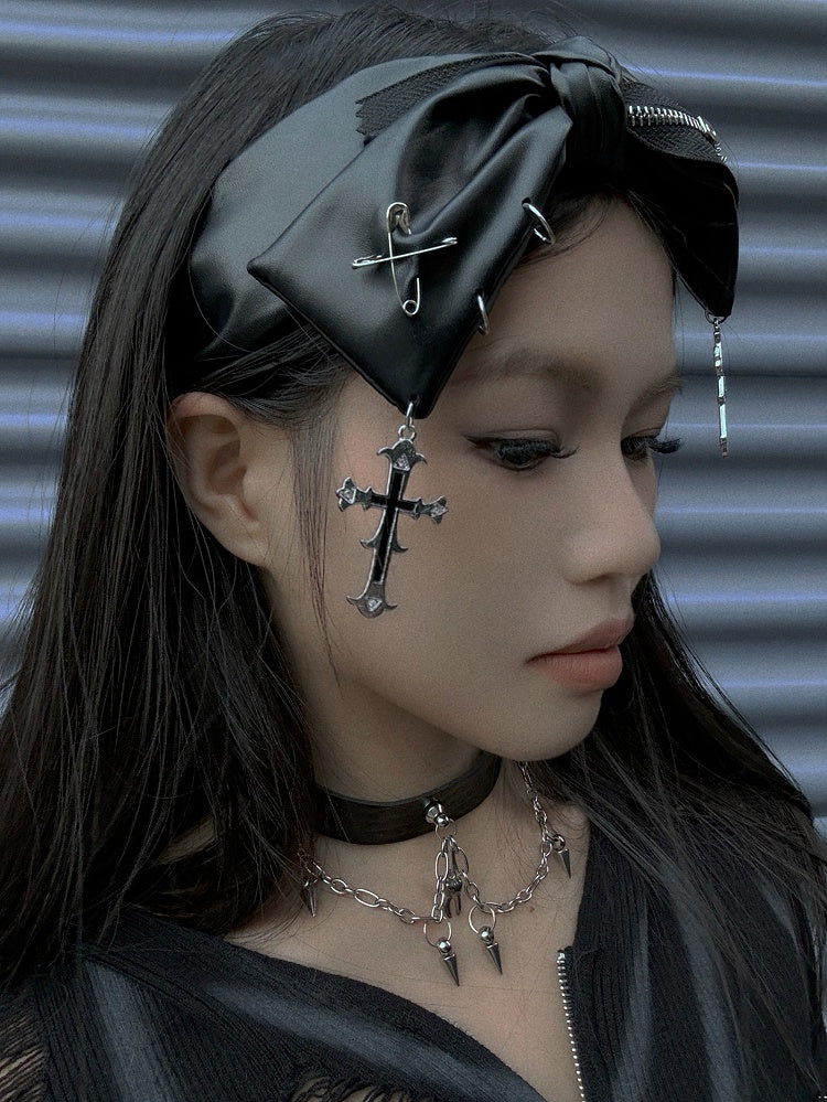 Gothic Punk Black Cross Charms Zipper Design PU Bowknot KC