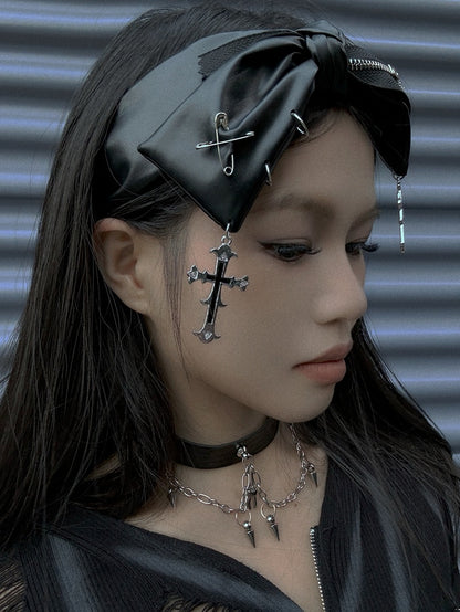 Gothic Punk Black Cross Charms Zipper Design PU Bowknot KC
