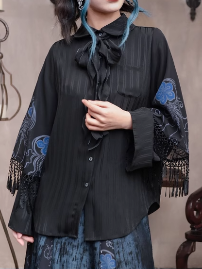 Blue Jellyfish Print Black Peter Pan Collar Tassel Cuffs Cheongsam Style Blouse with Self-tie Bow