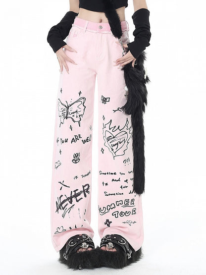 Graffiti Design Pink High Waist Wide-leg Jeans