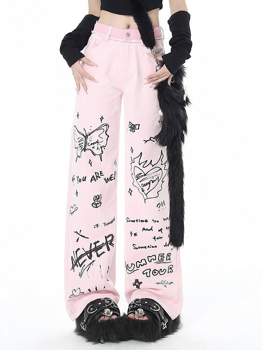 Graffiti Design Pink High Waist Wide-leg Jeans