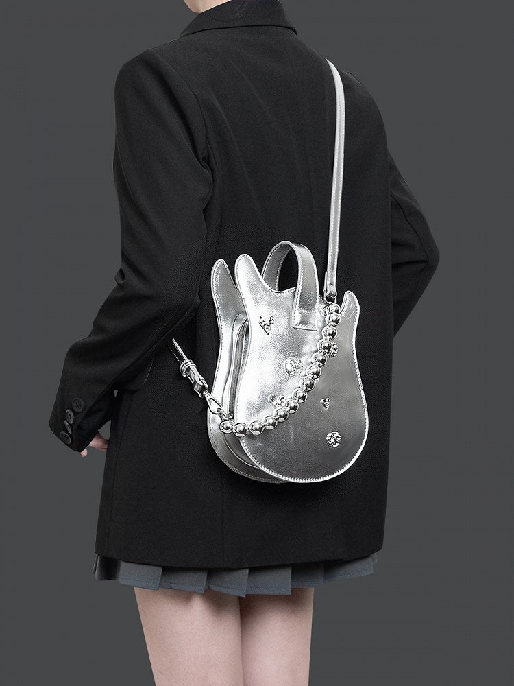 Silver Beaded Chain Guitar-shaped Bag