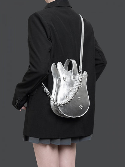 Silver Beaded Chain Guitar-shaped Bag