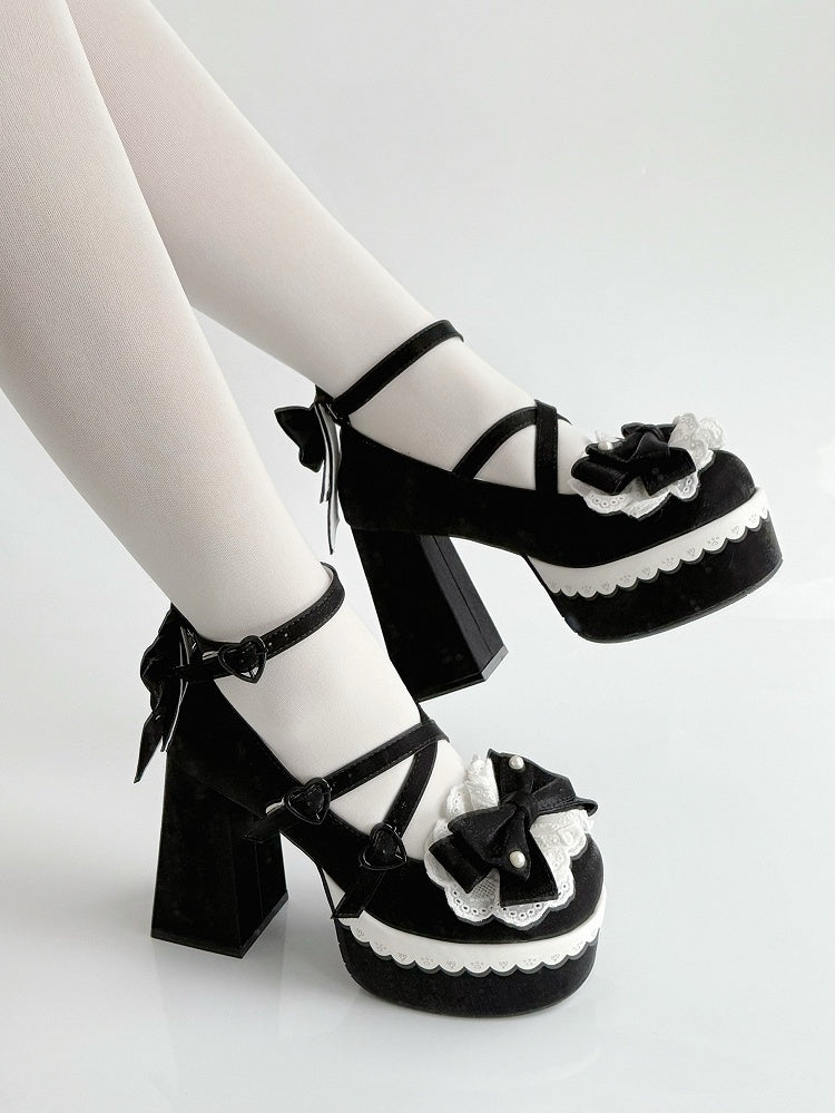 Black Lolita Lace Bowknot Buckle Straps Fork Embroidery Platform Block High Heels