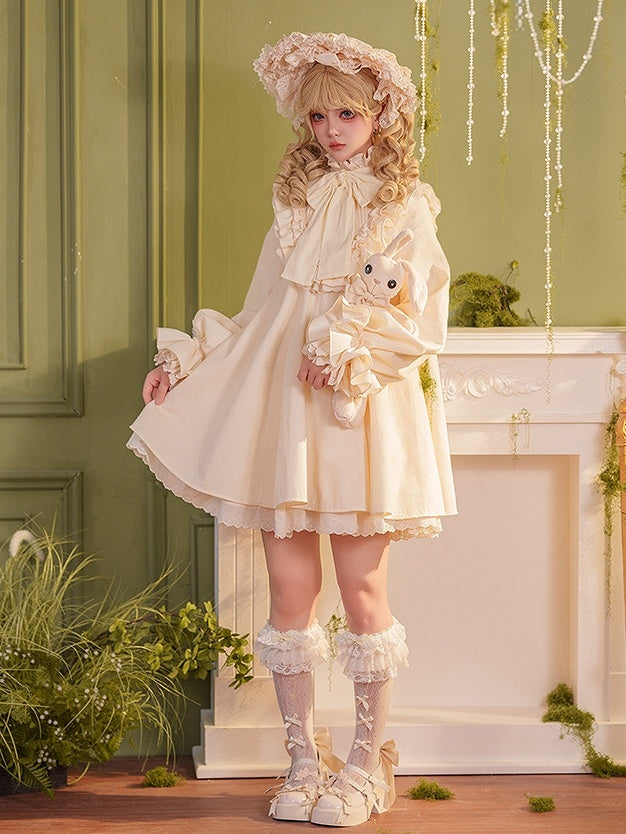 Beige Big Bow Ruffled High Neck Sweet Lolita Long Sleeves Cotton Dress