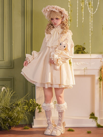 Beige Big Bow Ruffled High Neck Sweet Lolita Long Sleeves Cotton Dress