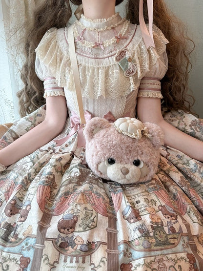 Brown/Pink/White Plush Teddy Bear Face Lolita Crossbody Bag