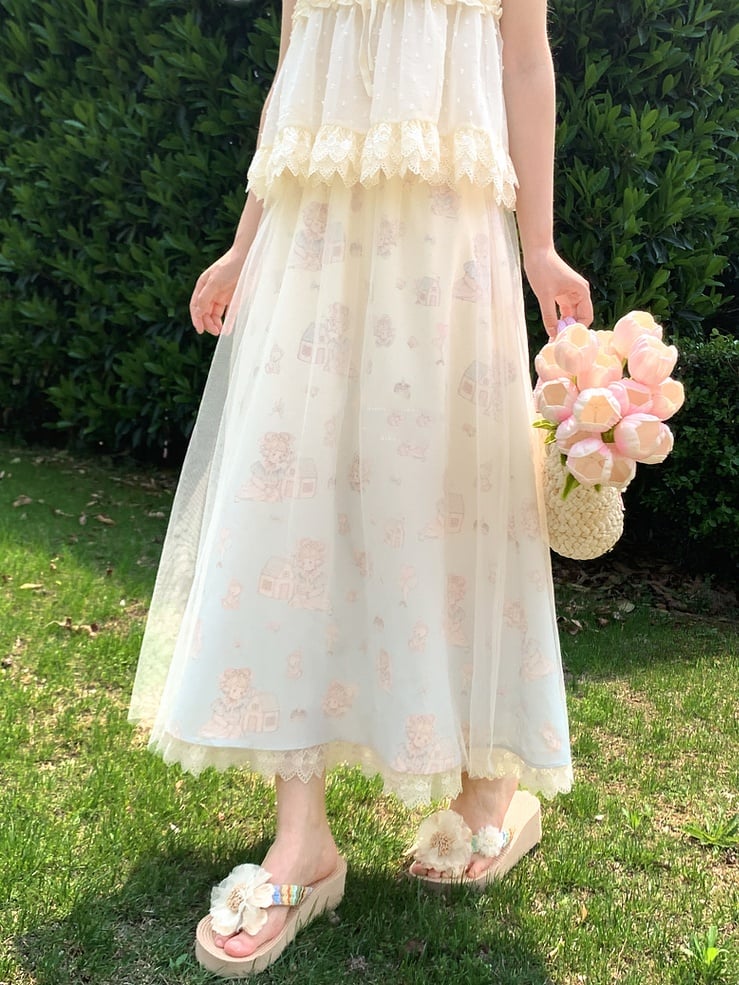 Beige Elastic Waist Cute Cartoon Print Skirt with Mesh Overlay