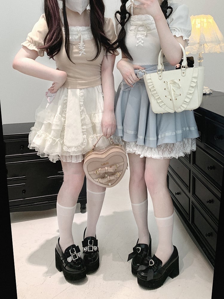 Jirai Kei Lace Trim Beaded Heart Decorated Big Bow Lace-up Back Black/Light Blue Skirt