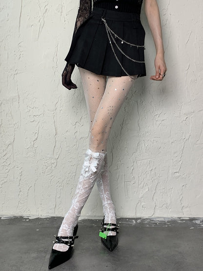 White Y2K Floral Pattern Bowknot Details Semi-sheer Underknee Stockings