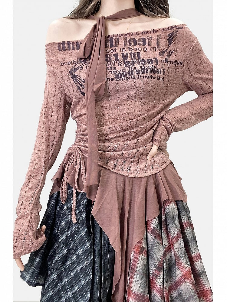 Reddish Brown Millard Fashion Letter Print Striped Pattern Asymmetrical Hem Top + Scarf